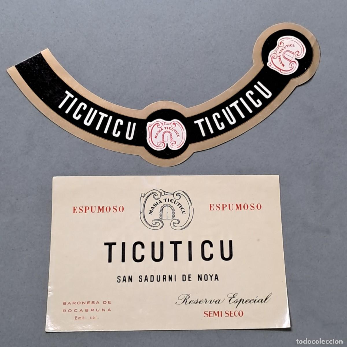 Alte Etiketten: Antigua etiqueta de vino espumoso Baronesa de Rocabruna TICUTICU, San Sadurn&iacute; de Noya, a&ntilde;os 60