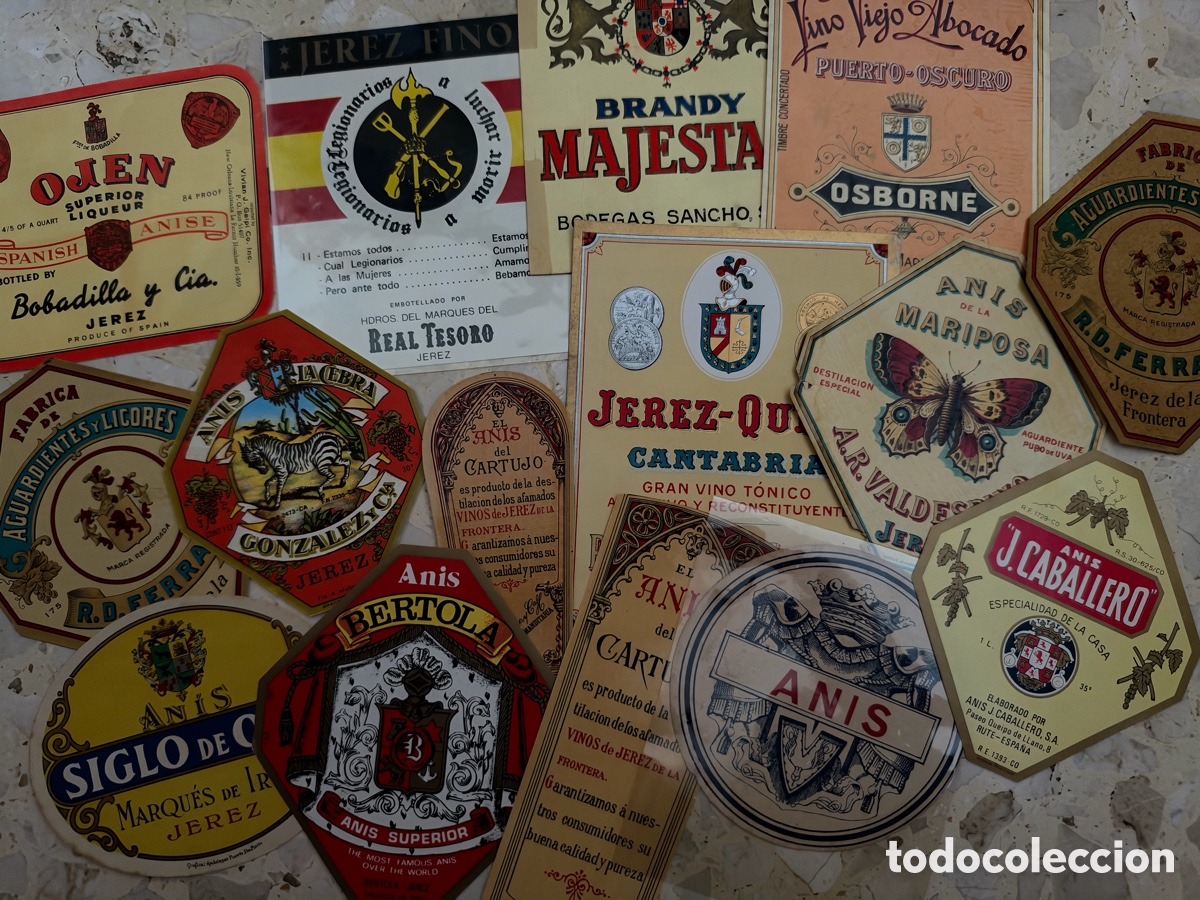 Etichette antiche: Lote etiquetas vinos jerez puerto Santa Mar&iacute;a an&iacute;s brandy