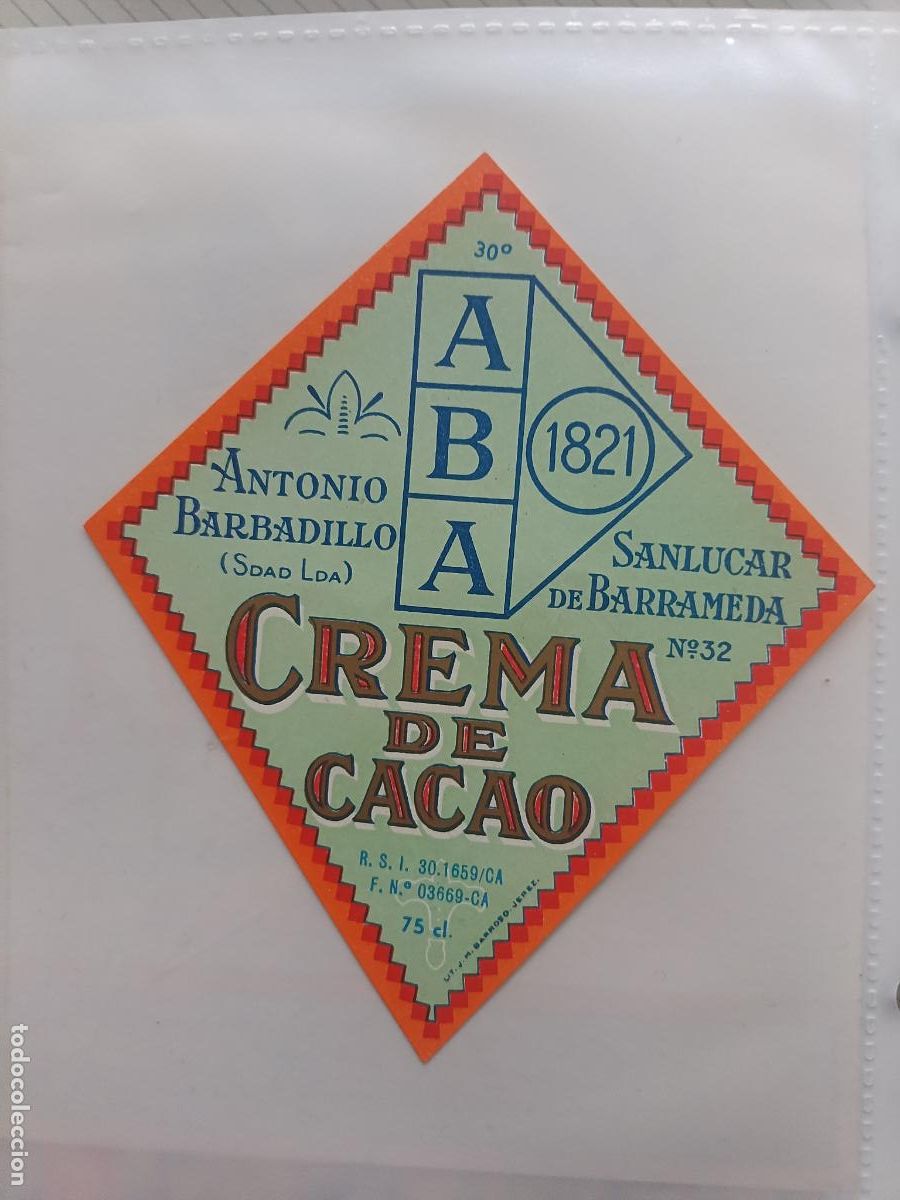 Etiquetas antiguas: Crema de Cacao. Antonio Barbadillo, Sanl&uacute;car de Barrameda - Foto 1
