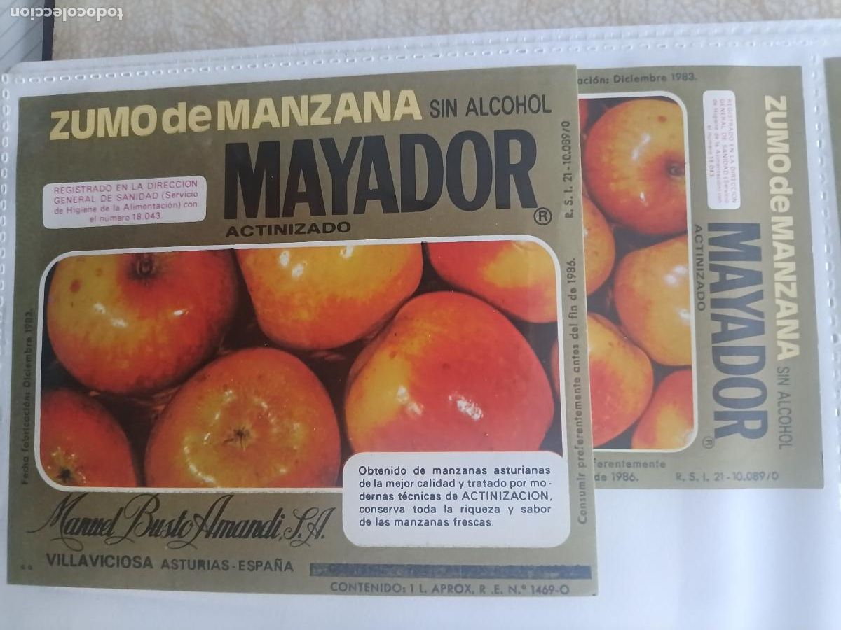 Etiquetas antiguas: ASTURIAS, 2 ETIQUETAS DE ZUMO DE MANZANA DE SIDRA MAYADOR, VILLAVICIOSA