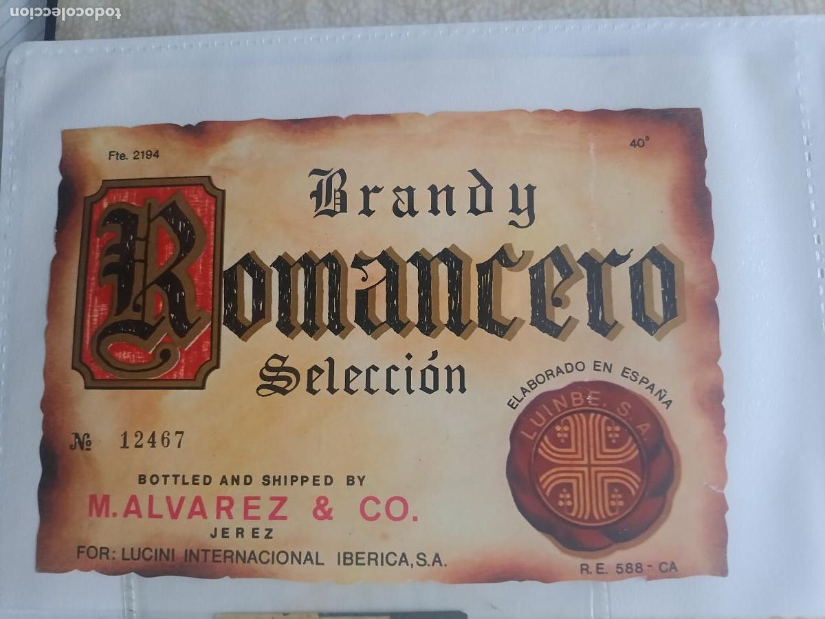 Etiquetas antiguas: Brandy Romancero. Etiqueta - Foto 1
