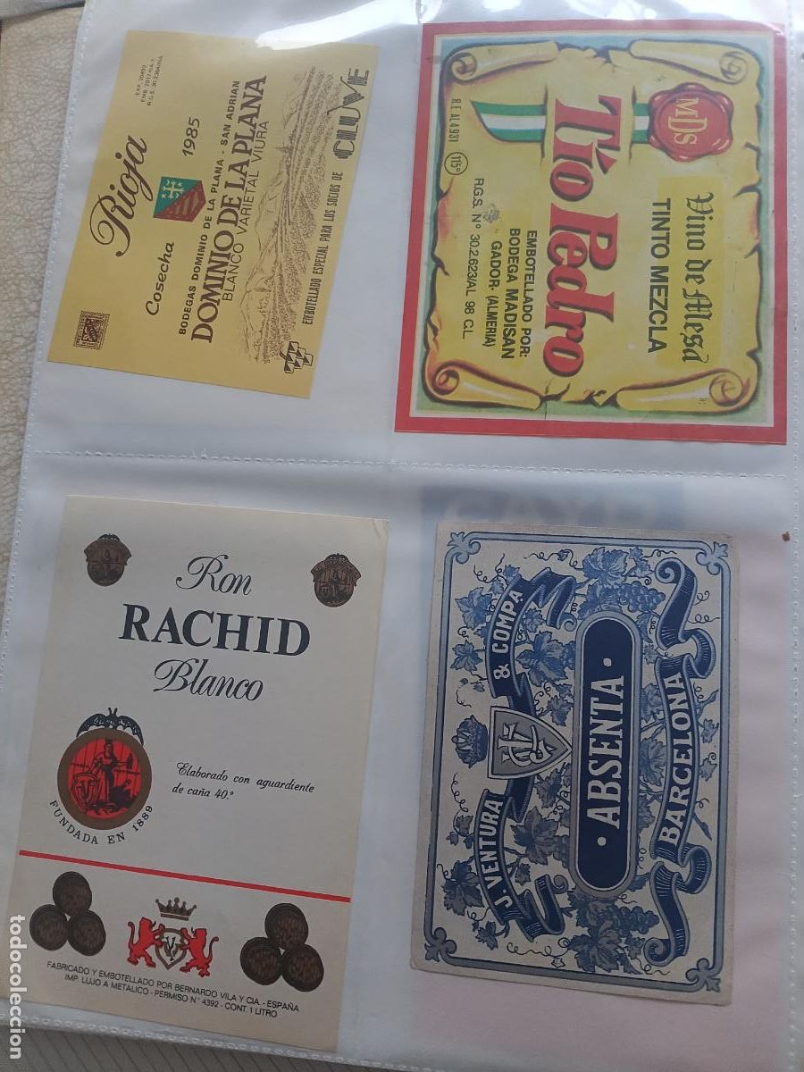Old Labels: 4 etiquetas de vino y licor. T&iacute;o Pedro, Ron Rachid, Absenta, Rioja