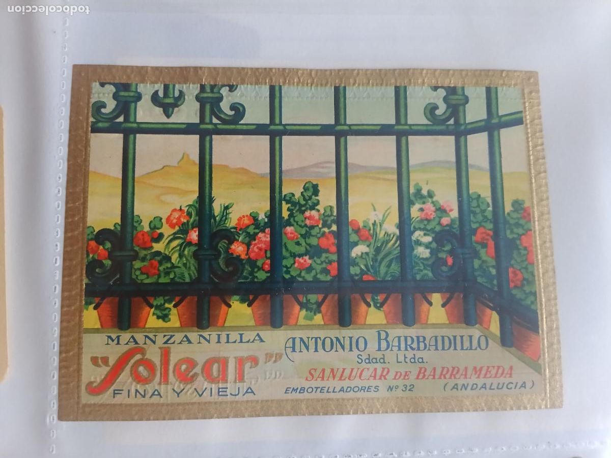 Etiquetas antiguas: ETIQUETA. MANZANILLA SOLEAR. ANTONIO BARBADILLO. SANLUCAR DE BARRAMEDA