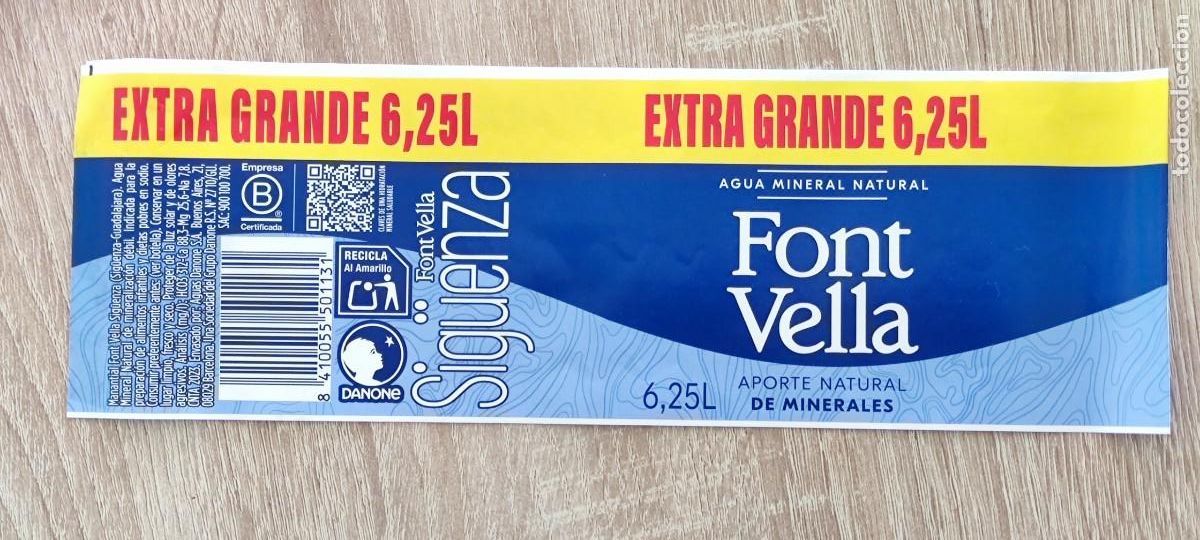 Etiquetas antiguas: ETIQUETA AGUA - FONT VELLA SIG&Uuml;ENZA - 6,25L - GUADALAJARA