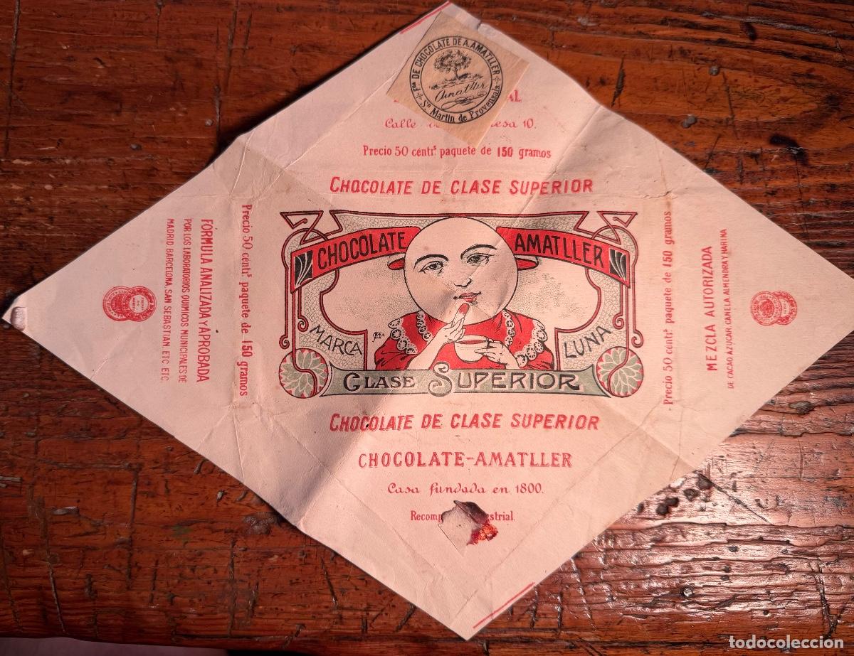 Etiquetas antiguas: ENVOLTORIO CHOCOLATES AMATLLER, CLASE SUPERIOR, MARCA LUNA.