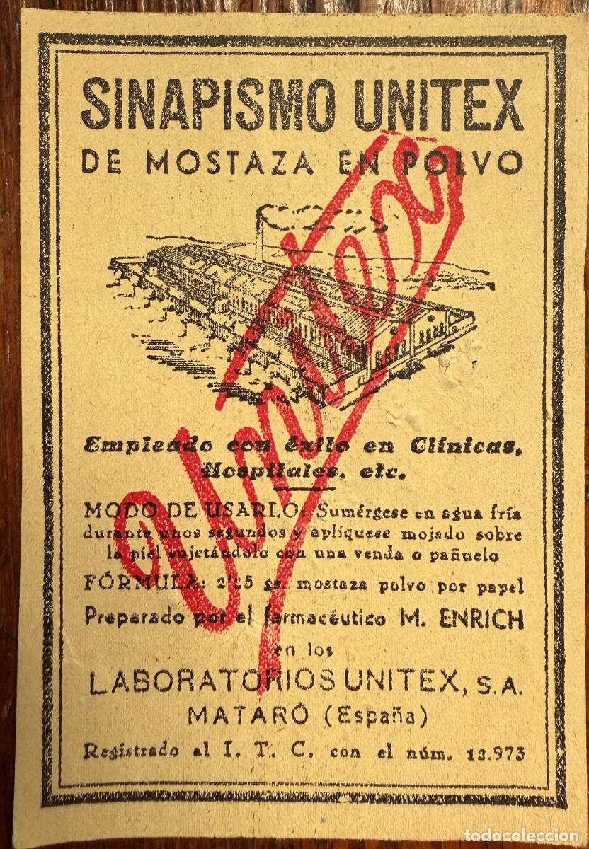 Etiquetas antiguas: SINAPISMO UNITEX DE MOSTAZA EN POLVO. LAVORATORIOS UNITEX S.A. MATARO