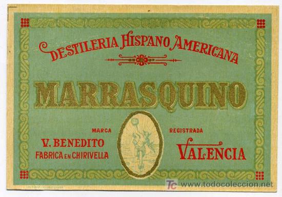 Etiquetas antiguas: ETIQUETA MARRASQUINO , LICOR , V. BENEDITO, CHIRIVELLA, VALENCIA ER414