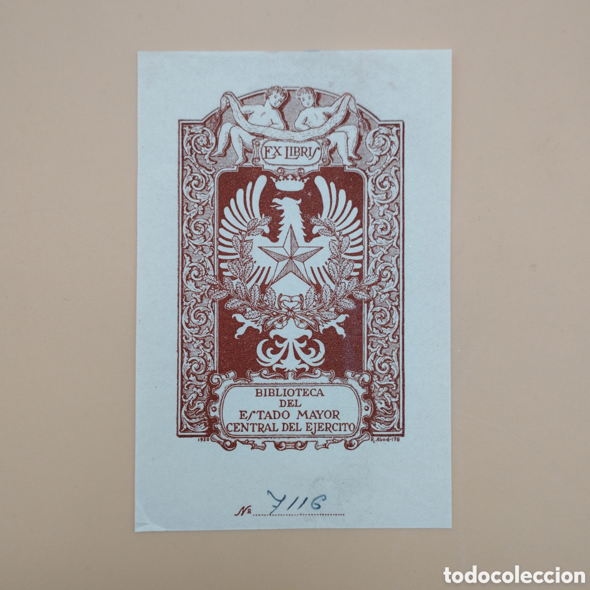 Etiquetas antiguas: Exlibris Original Biblioteca Estado Mayor Central Ej&eacute;rcito 1950 R. Abad Libro militar ex libris