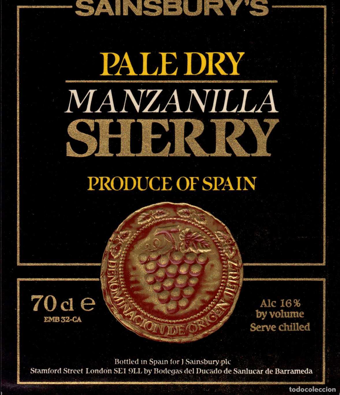 Etiquetas antiguas: ETIQUETA MANZANILLA SHERRY PALE DRY SAINSBURY&acute;S SANLUCAR DE BARRAMEDA