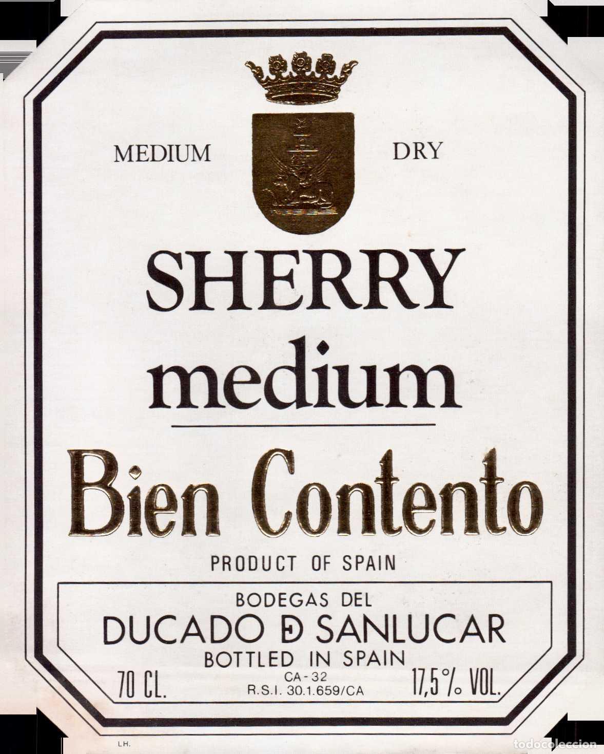 Etiquetas antiguas: ETIQUETA MEDIUM SHERRY BIEN CONTENTO BODEGAS DUCADO DE SANLUCAR