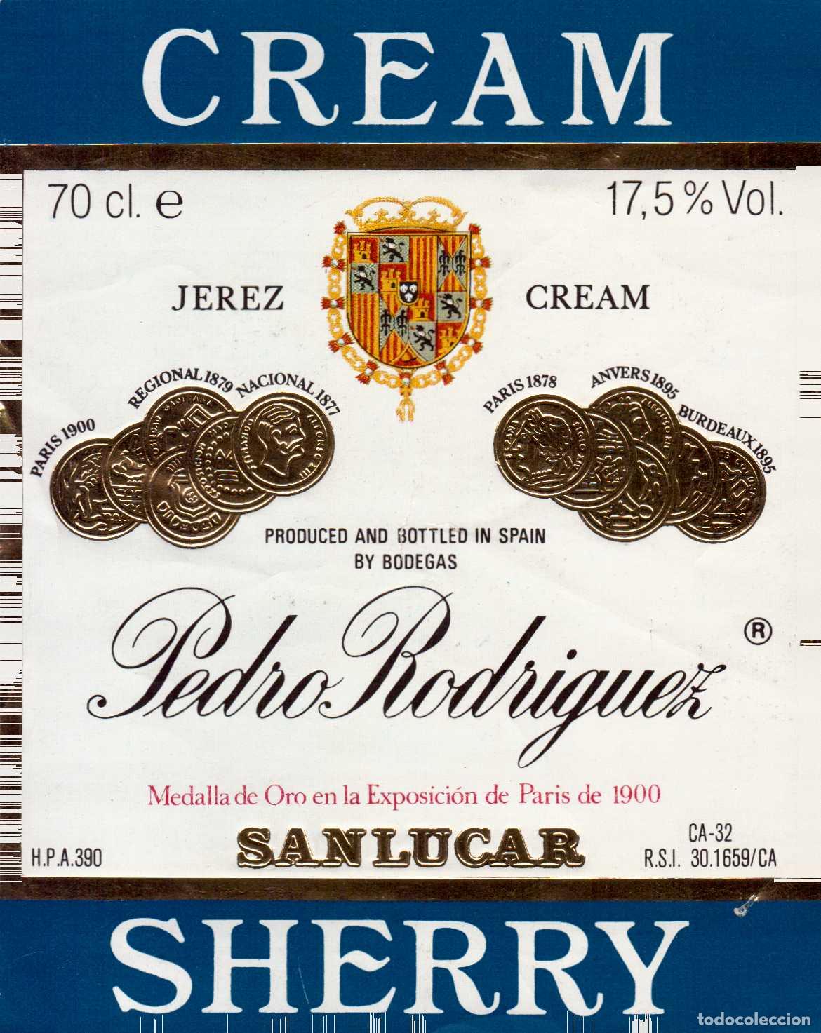 Etiquetas antiguas: ETIQUETA CREAM SHERRY PEDRO RODRIGUEZ SANLUCAR