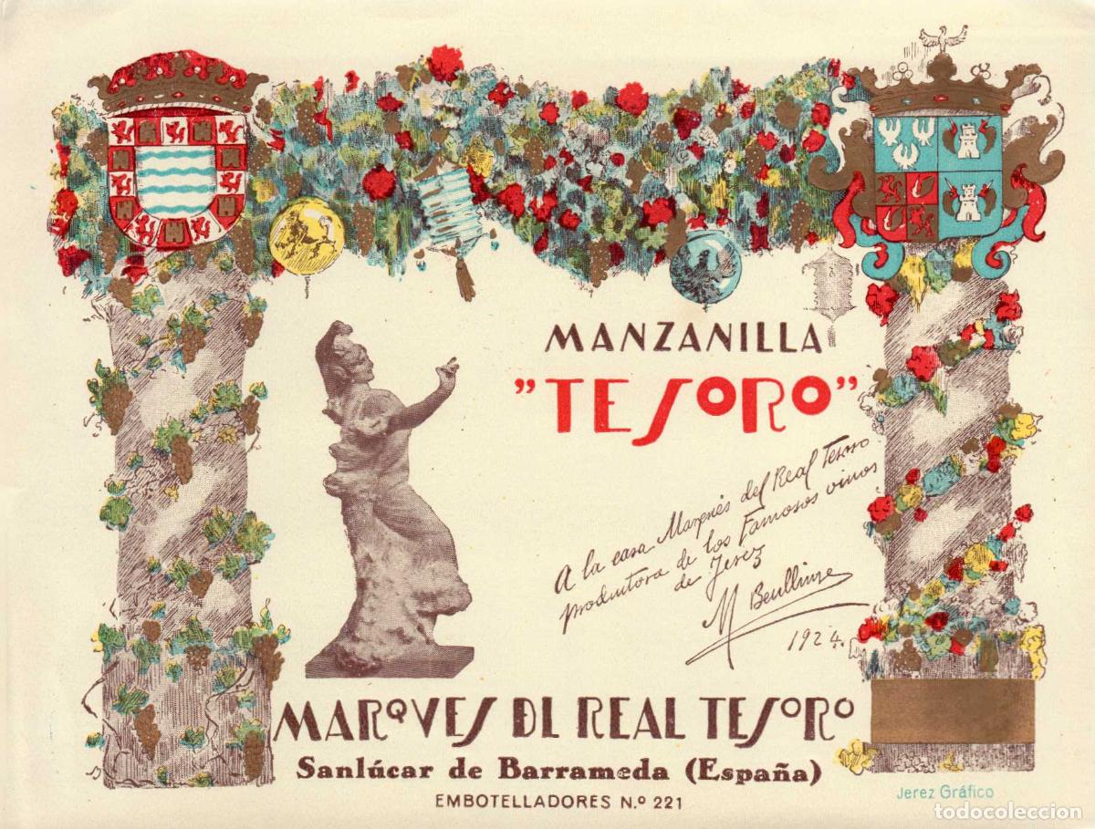Etiquetas antiguas: ETIQUETA VINO MANZANILLA TESORO MARQUES DEL REAL TESORO SANLUCAR DE BARRAMEDA