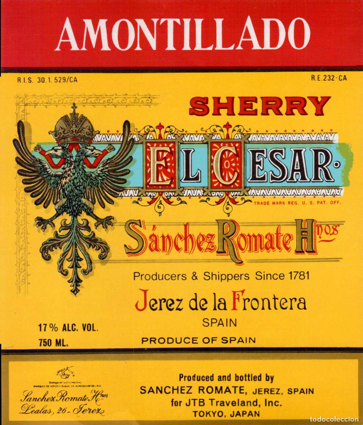 Etiquetas antiguas: ETIQUETA VINO AMONTILLADO SHERRY SANCHEZ ROMATE JEREZ DE LA FRONTERA