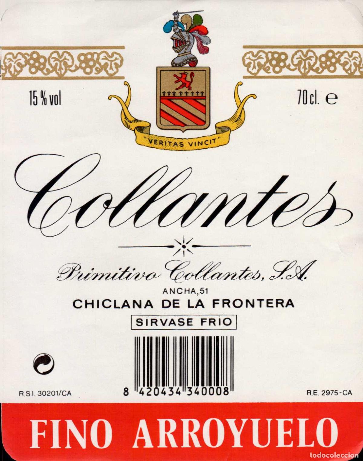 Etiquetas antiguas: ETIQUETA VINO FINO COLLANTES ARROYUELO CHICLANA DE LA FRONTERA
