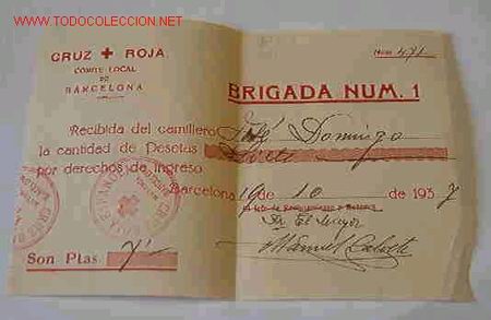 Facturas antiguas: Recibo de brigada n&ordm;1, de la cruz Roja - Foto 1