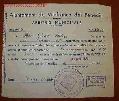 Facturas antiguas: Recibo ( Arbitris Municipals) 1936 - Foto 1