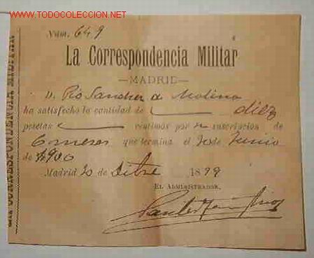 Facturas antiguas: Recibo de subscripci&oacute;n a  la Correspondencia Militar - Foto 1