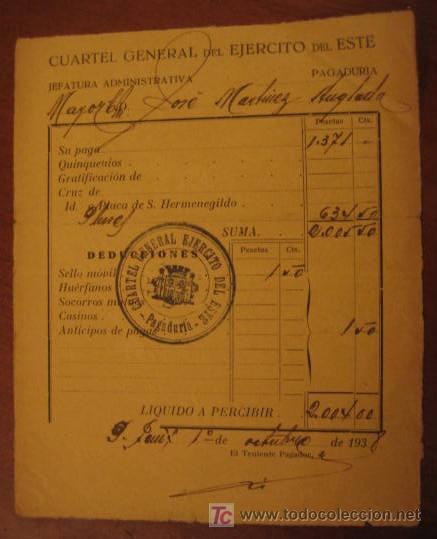 Facturas antiguas: Recibo de pago del Cuartel General del Ej&eacute;rcito del Este, 1938 - Foto 1