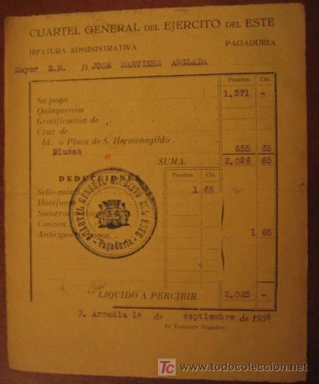 Facturas antiguas: Recibo de pago del Cuartel General del Ej&eacute;rcito del Este, 1938 - Foto 1