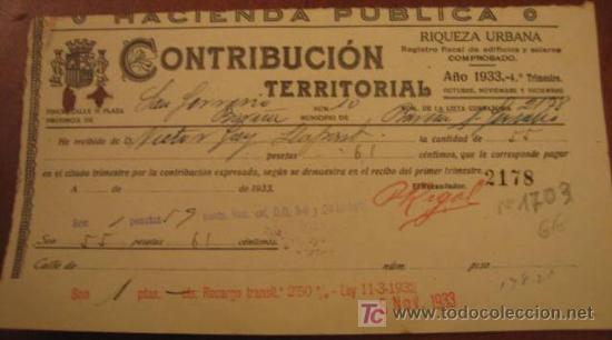 Facturas antiguas: Recibo de Contribuci&oacute;n Territorial, 1933 - Foto 1