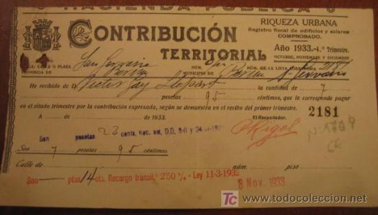 Facturas antiguas: Recibo de Contribuci&oacute;n Territorial, 1933 - Foto 1