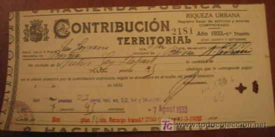 Facturas antiguas: Recibo de Contribuci&oacute;n Territorial, 1933 - Foto 1