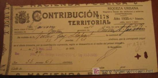 Facturas antiguas: Recibo de Contribuci&oacute;n Territorial, 1933 - Foto 1