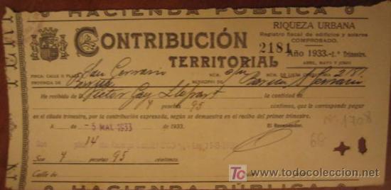 Facturas antiguas: Recibo de Contribuci&oacute;n Territorial, 1933 - Foto 1