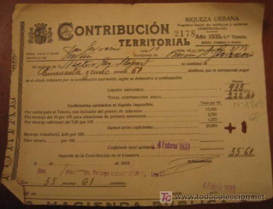 Facturas antiguas: Recibo de Contribuci&oacute;n Territorial, 1933 - Foto 1