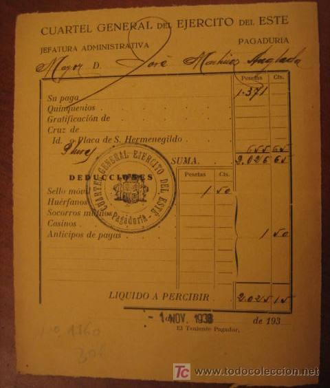 Facturas antiguas: Recibo de pago del Cuartel General del Ej&eacute;rcito del Este, 1938 - Foto 1