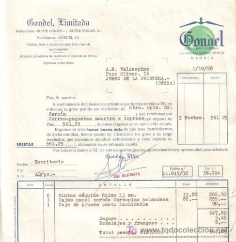 Facturas antiguas: MADRID. 1958. FACTURA DE GONDEL, LIMITADA. - Foto 1