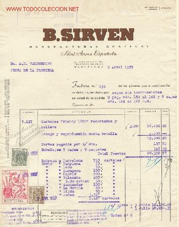 Facturas antiguas: FACTURA DE B.SIRVEN.BARCELONA - Foto 1