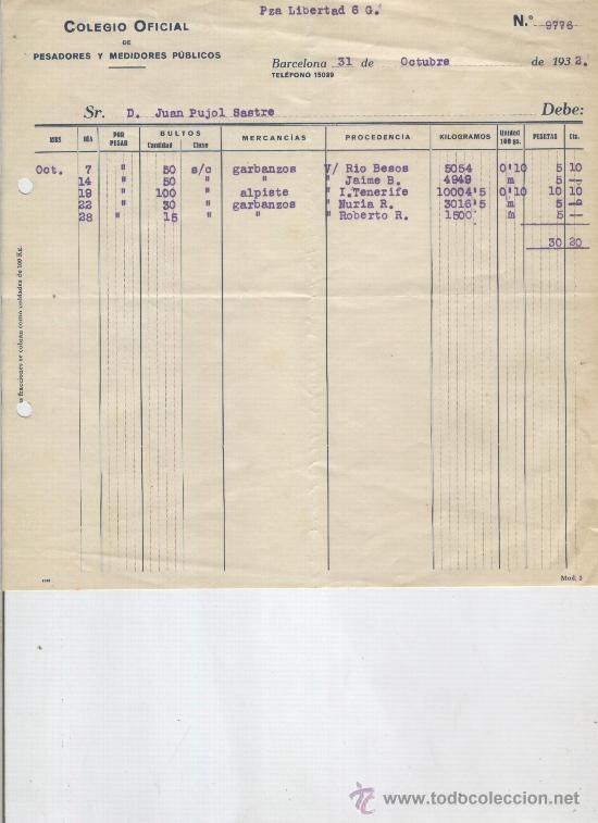 Facturas antiguas: FACTURA. A&Ntilde;O 1932. COLEGIO OFICIAL DE PESADORES Y MEDIDORES PUBLICOS. BARCELONA.