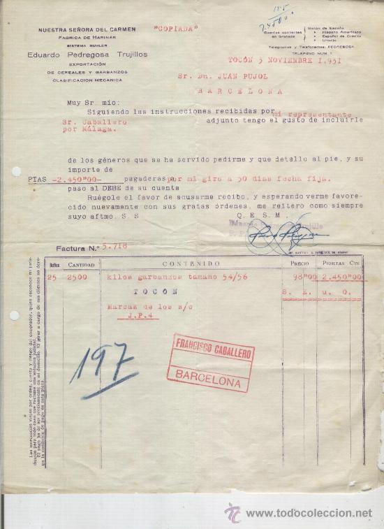 Factures anciennes: FACTURA. A&Ntilde;O 1931. FABRICA DE HARINAS. EDUARDO PEDREGOSA TRUJILLOS. TOCON.