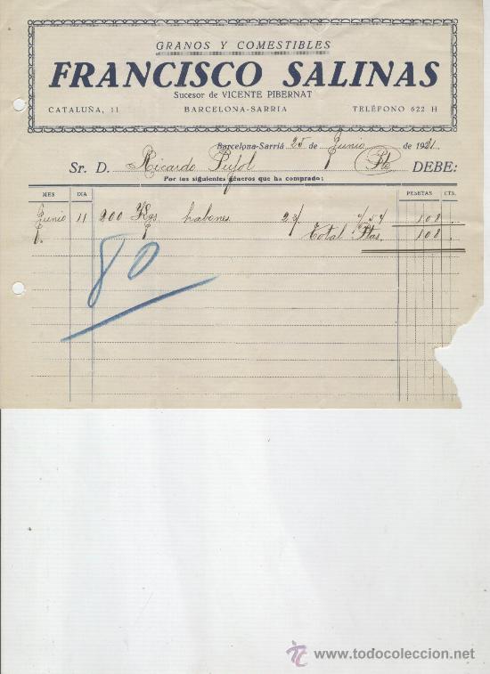 Facturas antiguas: FACTURA ANTIGUA. A&Ntilde;O 1931. FRANCISCO SALINAS. GRANOS Y COMESTIBLES. BARCELONA. SARRIA.