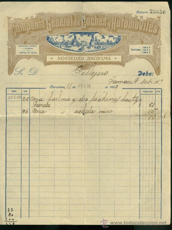 Facturas antiguas: Compa&ntilde;&iacute;a general de coches y autom&oacute;viles 1929 - Foto 1