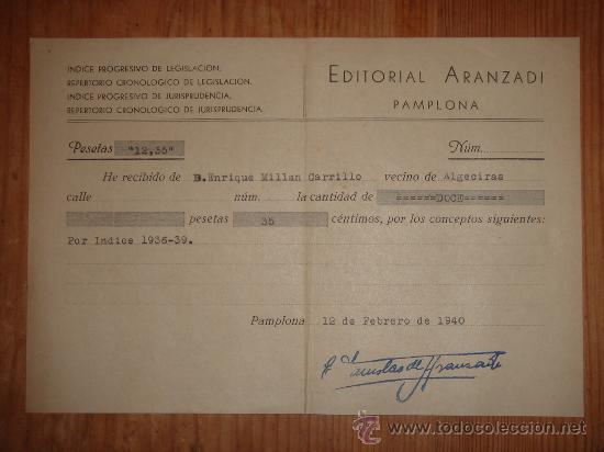 Facturas antiguas: FACTURA DE EDITORIAL ARANZADI, PAMPLONA. 1940.