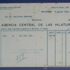 Facturas antiguas: FACTURA AGENCIA CENTRAL DE LAS HILATURAS. BARCELONA, 1920.
