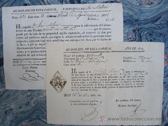 Facturas antiguas: GRANADA, 1.821-1.824. DOS CURIOSOS RECIBOS DE ALUMBRADO P&Uacute;BLICO DE &Eacute;STA CAPITAL