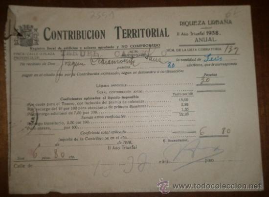Facturas antiguas: Recibo de contribuci&oacute;n territorial, 1938 - Foto 1