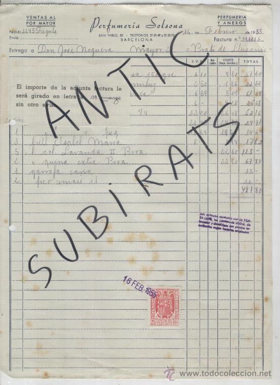Facturas antiguas: PERFUMERIA SOLSONA. BARCELONA. A&Ntilde;O 1955. - Foto 1