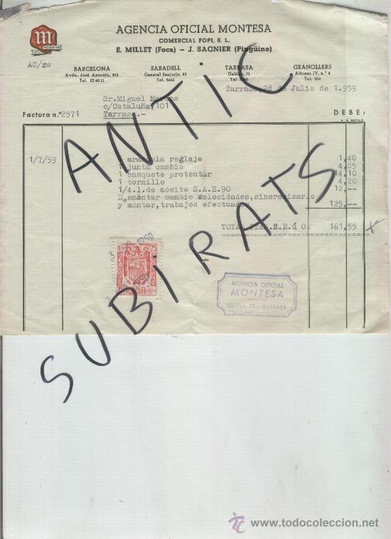 Facturas antiguas: FACTURA. AGENCIA OFICIAL MONTESA. TARRASA. TERRASSA. A&Ntilde;O 1959