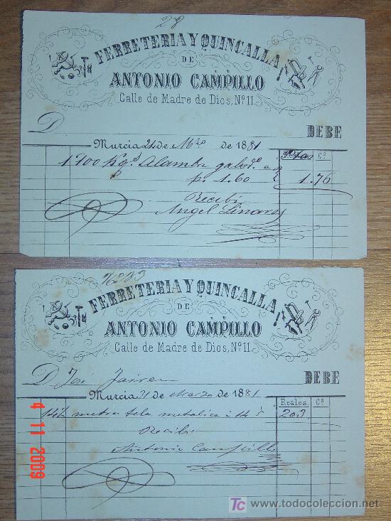Facturas antiguas: 2 facturas Ferreter&iacute;a y Quincalla de Antonio Campillo. Murcia a&ntilde;o 1881