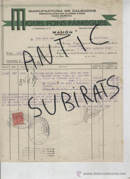 Facturas antiguas: MANUFACTURAS DE CALZADOS. MIGUEL PONS FABREGUES. MAO. MAHON . MENORCA. CALZADOS. A&Ntilde;O 1943.