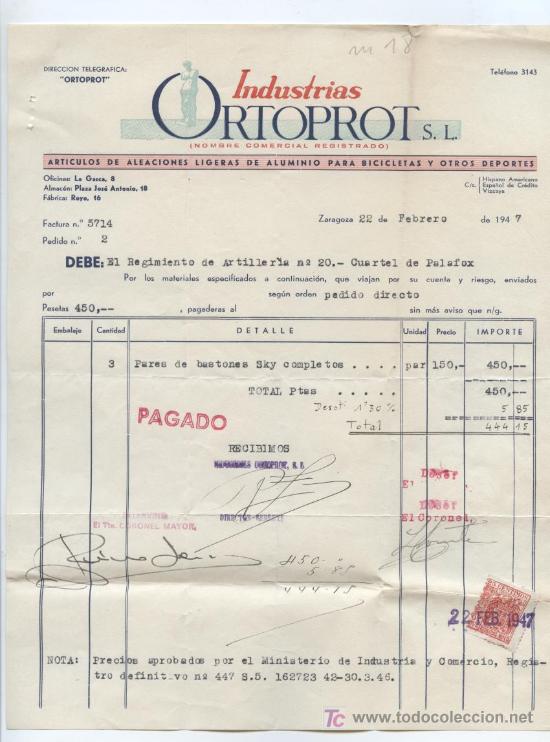 Facturas antiguas: TEMA DEPORTES. SKI. INDUSTRIAS ORTROPOT S.L. ZARAGOZA.1947