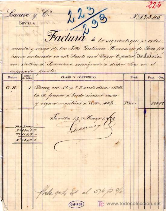 Facturas antiguas: SEVILLA. 1893. FACTURA DE LACAVE Y C&ordf;: - Foto 1