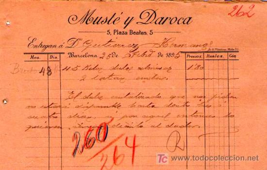 Facturas antiguas: BARCELONA. 1895. FACTURA DE MUST&Eacute; Y DAROCA. - Foto 1