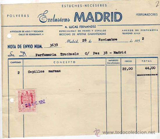 Facturas antiguas: Factura. Polveras. Perfumadores. Madrid. A. Lucas Fernandez. 1952