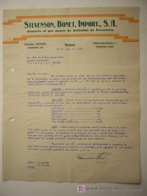 Facturas antiguas: CARTA COMERCIAL DE STEVENSON BONET, IMPORT. SA.  SEVILLA, 1929.