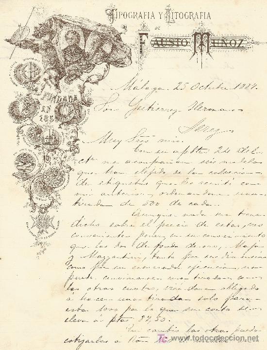 Facturas antiguas: MALAGA 25 DE OCTUBRE DE 1887. FACTURAS FAUSTO MU&Ntilde;OZ - Foto 1